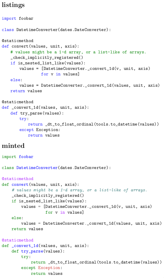 Comparison of listings and minted for highlighting Python code